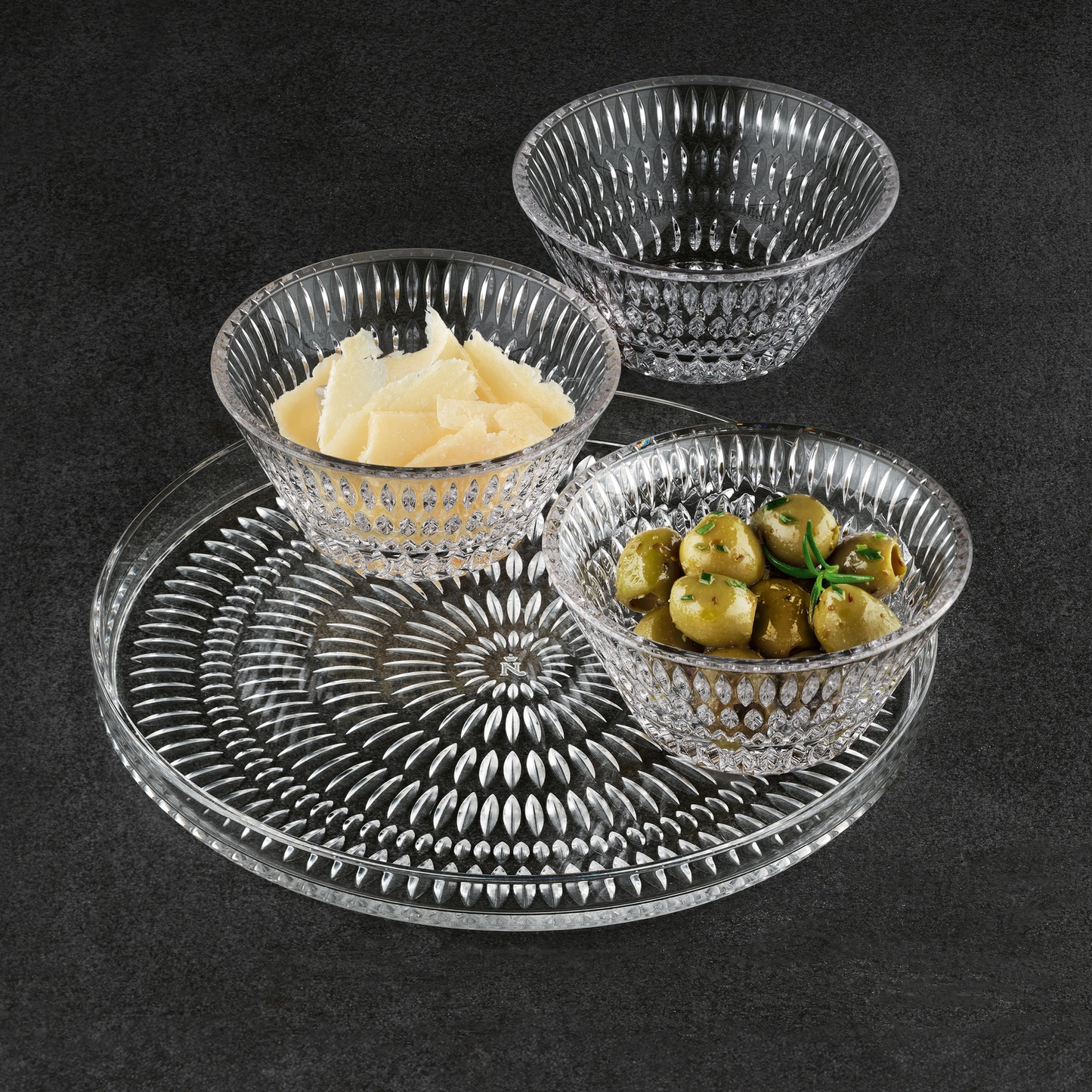 Ensemble plat et 3 coupelle en cristal Ethno