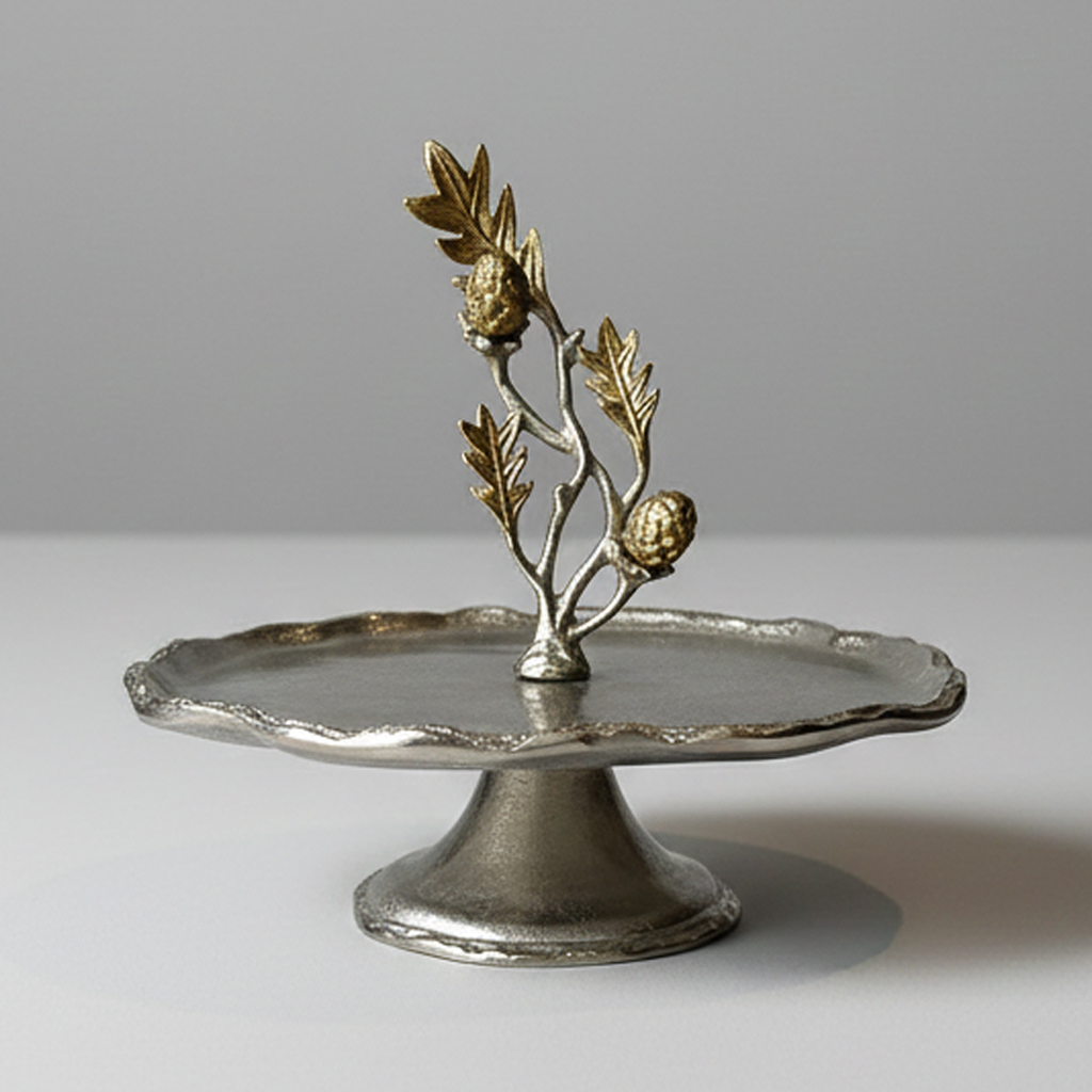 PRESENTOIR ARGENTE SUR PIED AVEC ANSE DECORATIVE