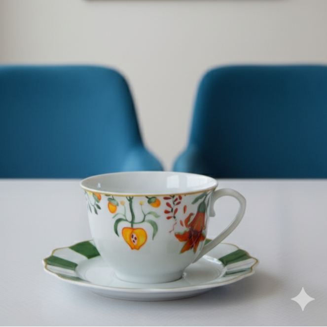 6 Tasses et 6 Sous-Tasses à Café au Lait fleur lotus