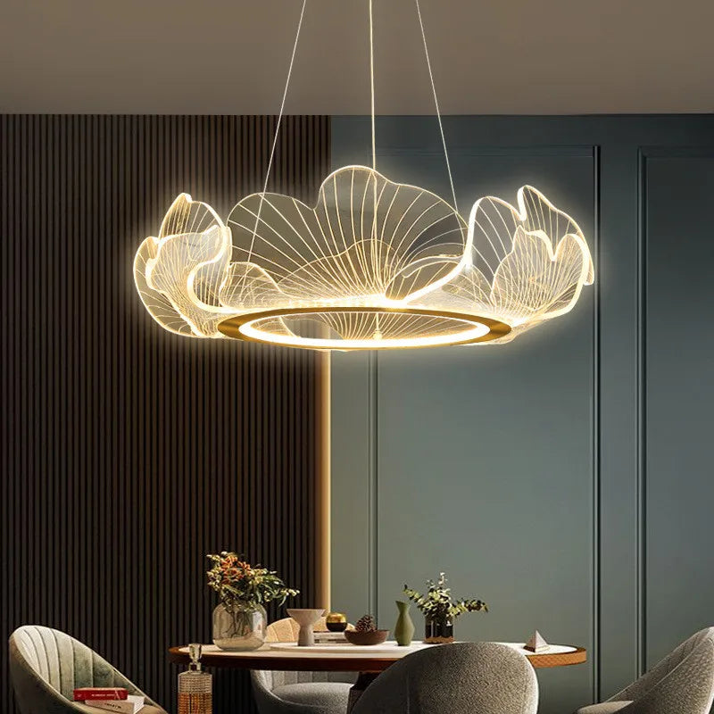 Lustre feuille géante et transparente au design nordique moderne et minimaliste