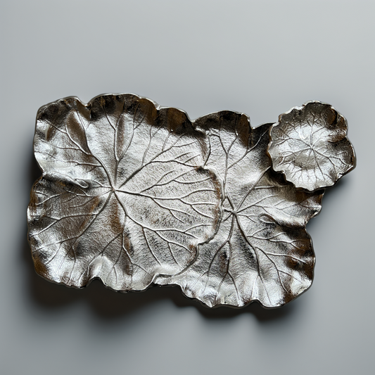 PLATEAU FEUILLE ARGENTEE AVEC RAMEQUIN
