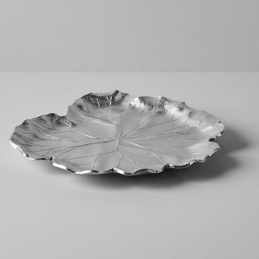 PLAT ROND DECORATIF FEUILLE ARGENTEE
