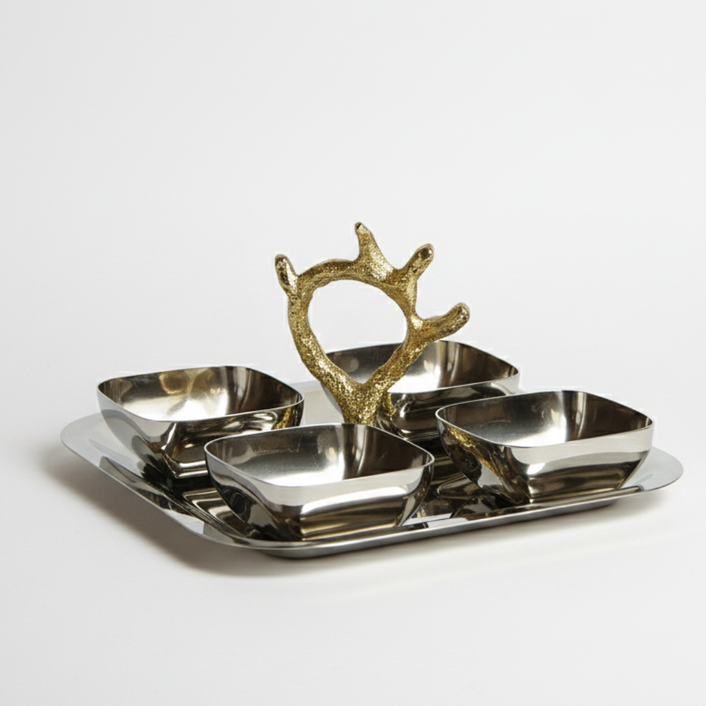 Plateau de Service Apéritif 4 Bols Carrés en Inox