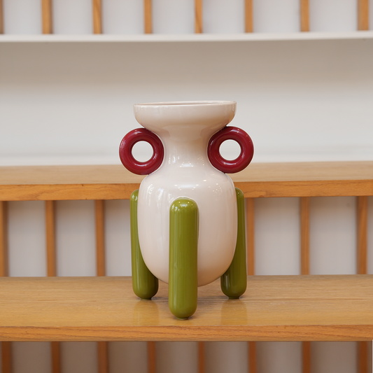 Vase décoratif beige anses rouges