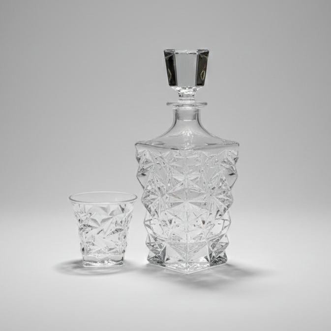 Carafe au design sculpté avec 6 verres élégants.