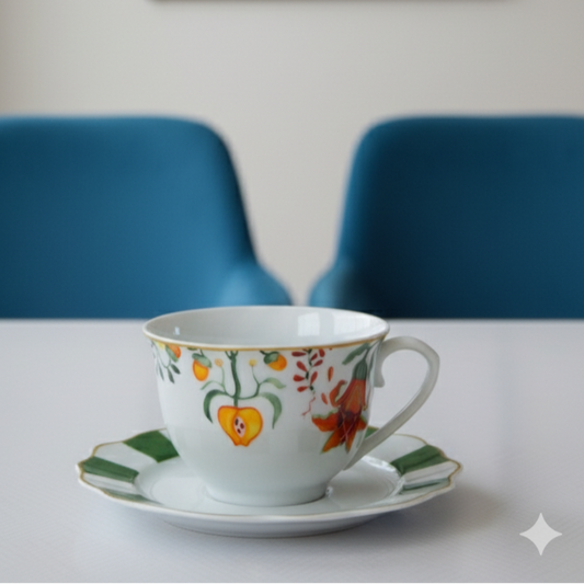 6 Tasses et 6 Sous-Tasses à Café au Lait fleur lotus