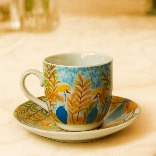 6 Tasses et 6 Sous-Tasses à Café Noir OISEAU GRUE COURONEE